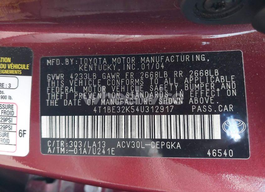 Photo 9 of 2004 Toyota Camry XLE (VIN 4T1BE32K54U312917)