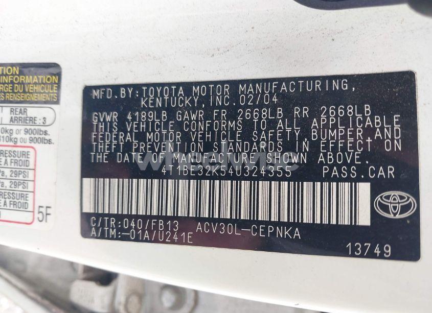 Photo 9 of 2004 Toyota Camry LE (VIN 4T1BE32K54U324355)