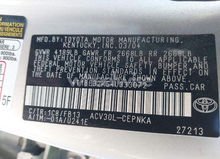Photo 9 of 2004 Toyota Camry LE (VIN 4T1BE32K54U333072)