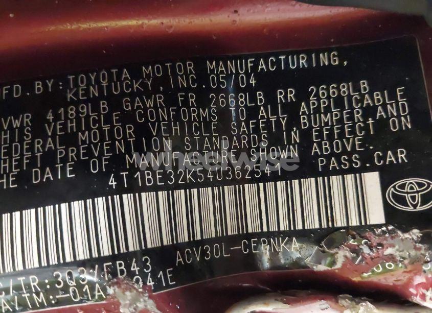 Photo 9 of 2004 Toyota Camry LE (VIN 4T1BE32K54U362541)