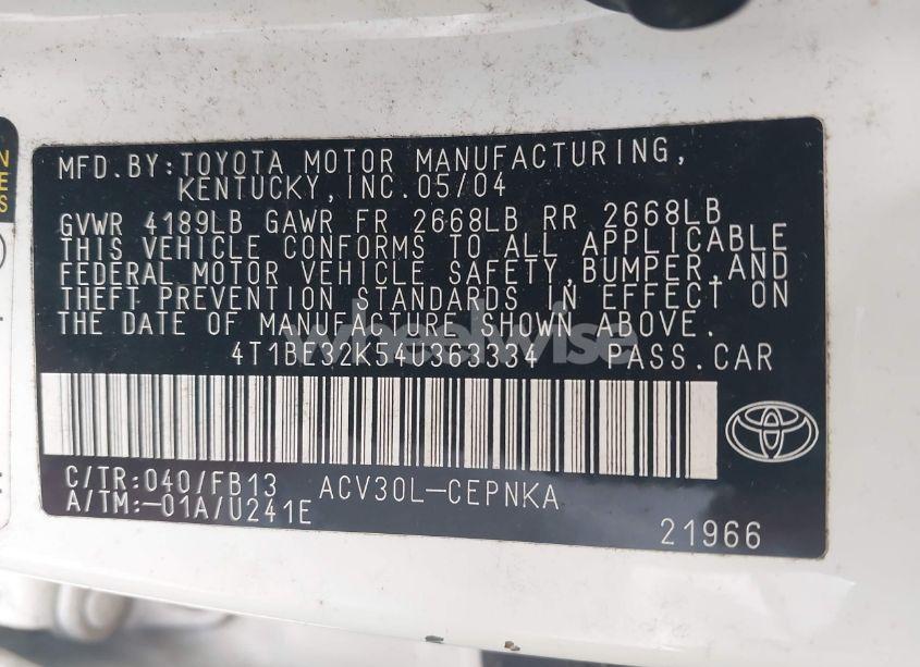 Photo 9 of 2004 Toyota Camry LE (VIN 4T1BE32K54U363334)