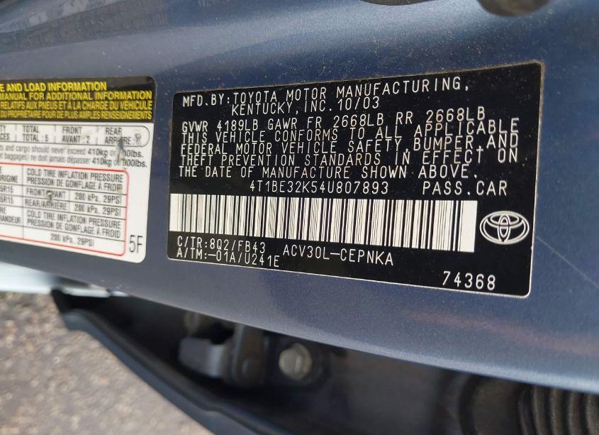 Photo 9 of 2004 Toyota Camry LE (VIN 4T1BE32K54U807893)