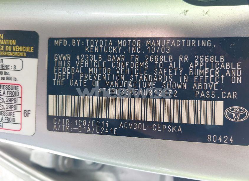 Photo 9 of 2004 Toyota Camry SE (VIN 4T1BE32K54U812172)
