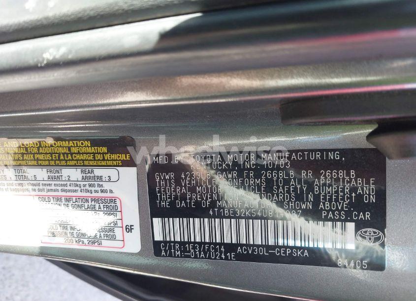 Photo 9 of 2004 Toyota Camry SE (VIN 4T1BE32K54U814987)