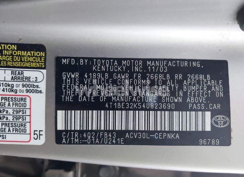 Photo 9 of 2004 Toyota Camry LE (VIN 4T1BE32K54U823690)