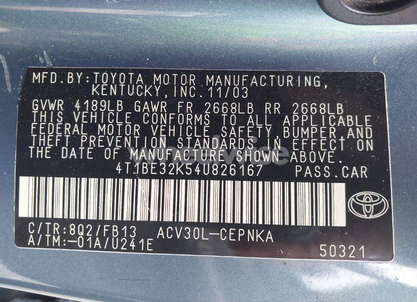 Photo 9 of 2004 Toyota Camry LE (VIN 4T1BE32K54U826167)