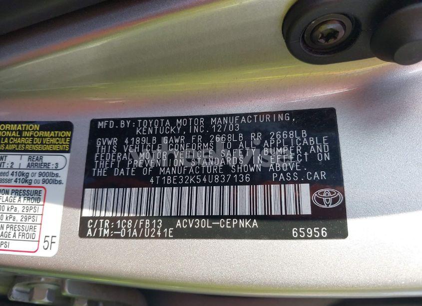 Photo 9 of 2004 Toyota Camry LE (VIN 4T1BE32K54U837136)