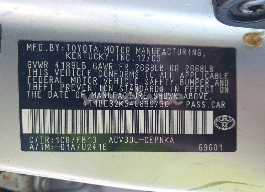 Photo 9 of 2004 Toyota Camry LE (VIN 4T1BE32K54U839730)