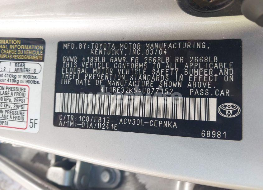 Photo 9 of 2004 Toyota Camry LE (VIN 4T1BE32K54U877152)