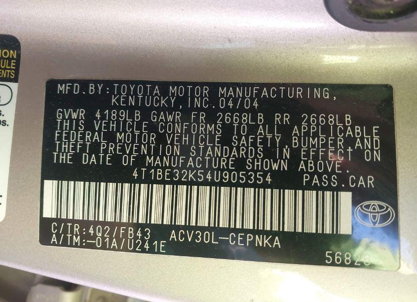 Photo 9 of 2004 Toyota Camry LE (VIN 4T1BE32K54U905354)