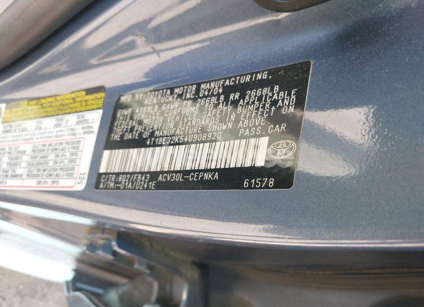 Photo 9 of 2004 Toyota Camry LE/SE/STD/XLE (VIN 4T1BE32K54U908920)