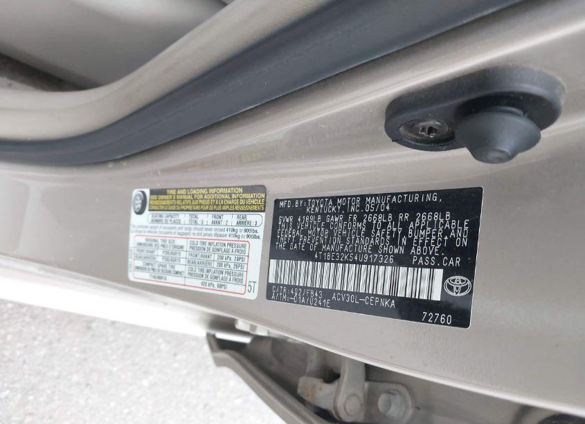 Photo 9 of 2004 Toyota Camry STD (VIN 4T1BE32K54U917326)