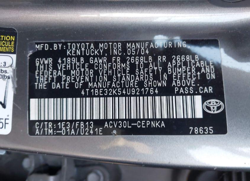 Photo 9 of 2004 Toyota Camry LE (VIN 4T1BE32K54U921764)
