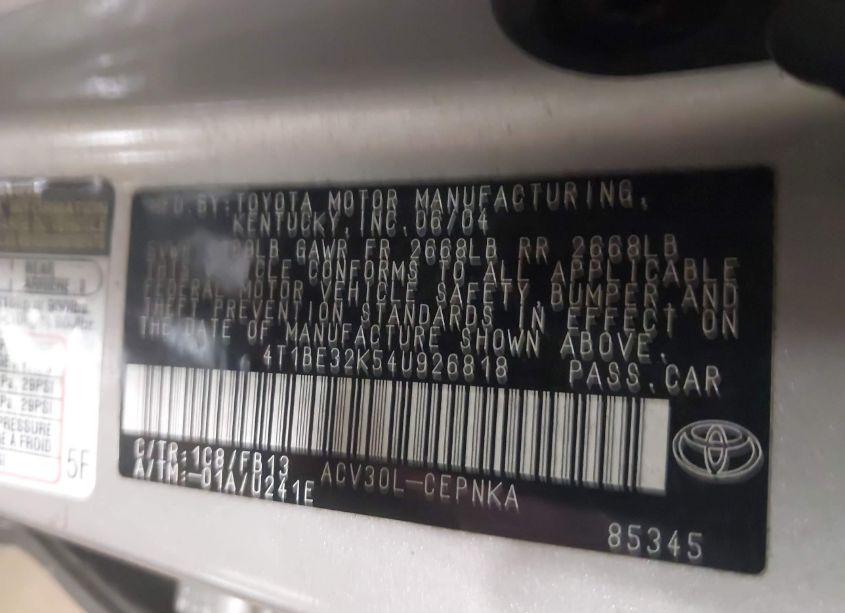 Photo 9 of 2004 Toyota Camry LE (VIN 4T1BE32K54U926818)