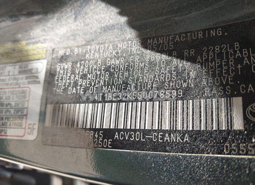 Photo 9 of 2005 Toyota Camry LE (VIN 4T1BE32K55U078599)