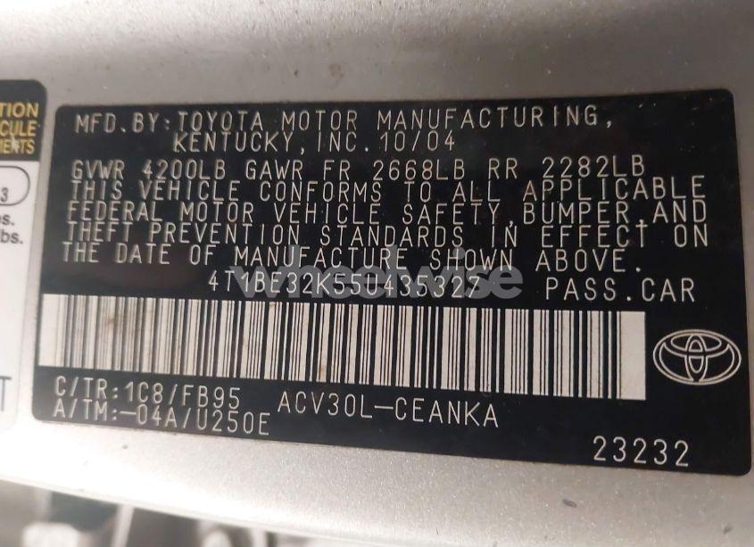 Photo 9 of 2005 Toyota Camry STD (VIN 4T1BE32K55U435327)