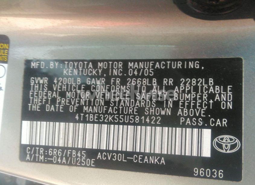 Photo 9 of 2005 Toyota Camry LE (VIN 4T1BE32K55U581422)