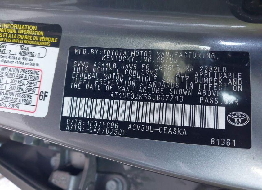 Photo 9 of 2005 Toyota Camry SE (VIN 4T1BE32K55U607713)
