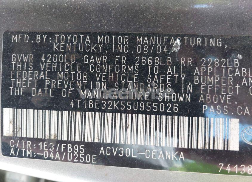 Photo 9 of 2005 Toyota Camry LE (VIN 4T1BE32K55U955026)