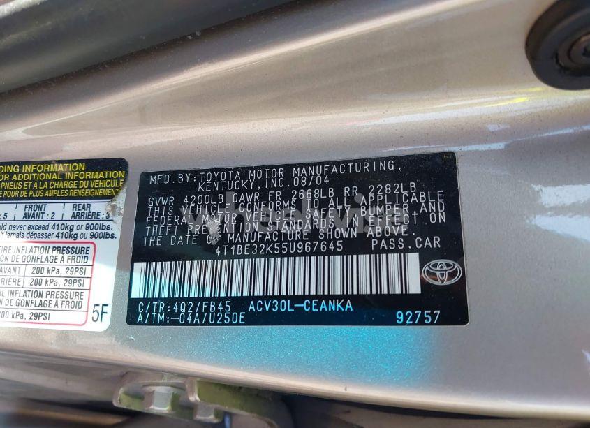 Photo 9 of 2005 Toyota Camry LE (VIN 4T1BE32K55U967645)