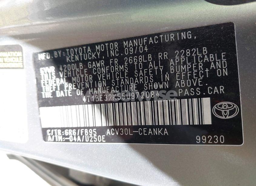 Photo 9 of 2005 Toyota Camry LE (VIN 4T1BE32K55U972084)