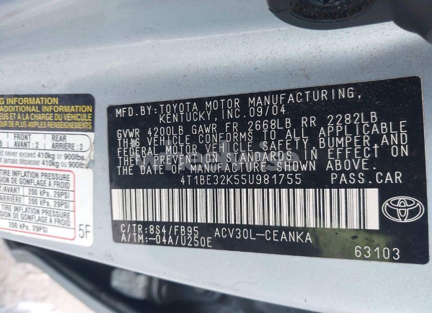 Photo 9 of 2005 Toyota Camry LE (VIN 4T1BE32K55U981755)