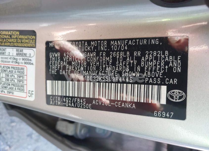 Photo 9 of 2005 Toyota Camry LE (VIN 4T1BE32K55U984445)