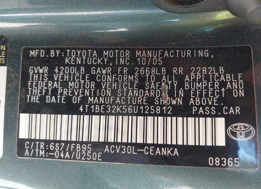 Photo 9 of 2006 Toyota Camry LE (VIN 4T1BE32K56U125812)