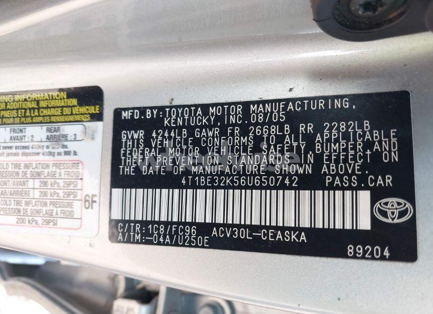 Photo 9 of 2006 Toyota Camry SE (VIN 4T1BE32K56U650742)