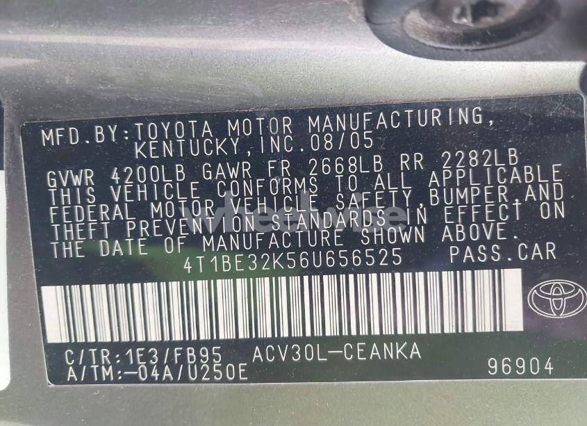 Photo 9 of 2006 Toyota Camry STD (VIN 4T1BE32K56U656525)