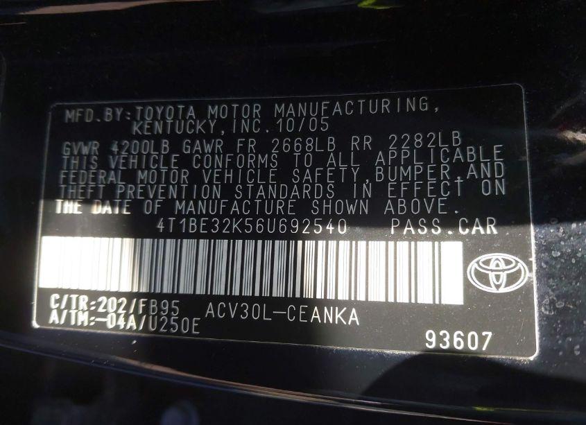 Photo 9 of 2006 Toyota Camry STD (VIN 4T1BE32K56U692540)