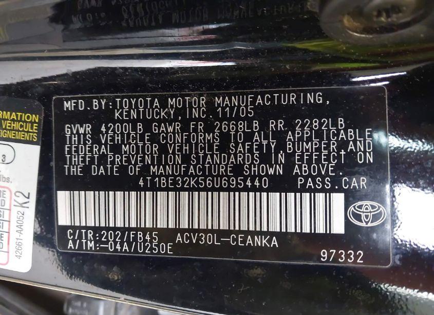 Photo 9 of 2006 Toyota Camry LE (VIN 4T1BE32K56U695440)