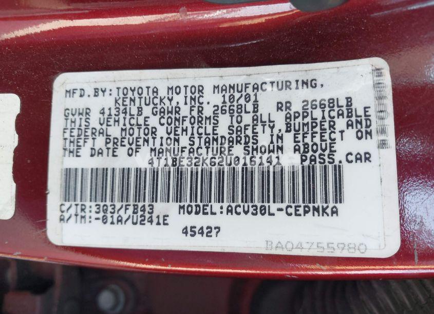Photo 9 of 2002 Toyota Camry LE (VIN 4T1BE32K62U016141)