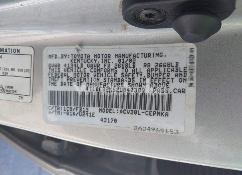Photo 9 of 2002 Toyota Camry LE (VIN 4T1BE32K62U040388)