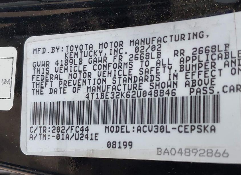 Photo 9 of 2002 Toyota Camry SE (VIN 4T1BE32K62U048846)