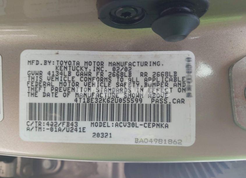 Photo 9 of 2002 Toyota Camry LE (VIN 4T1BE32K62U055599)