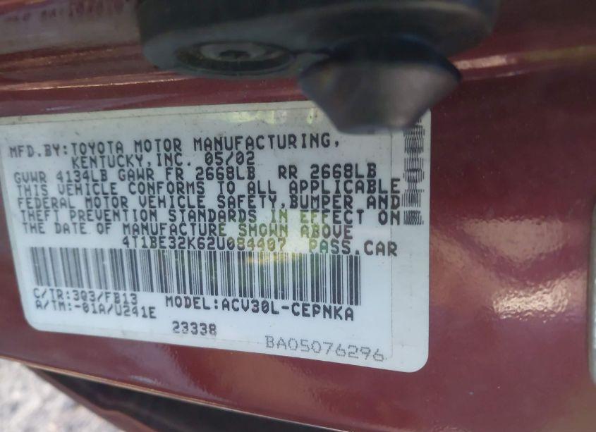 Photo 9 of 2002 Toyota Camry LE (VIN 4T1BE32K62U084407)