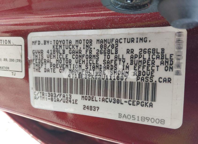 Photo 9 of 2002 Toyota Camry XLE (VIN 4T1BE32K62U111007)