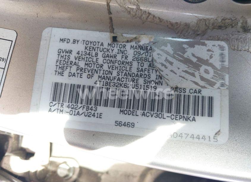 Photo 9 of 2002 Toyota Camry LE (VIN 4T1BE32K62U511519)