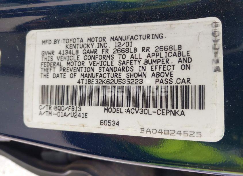 Photo 9 of 2002 Toyota Camry LE (VIN 4T1BE32K62U535223)