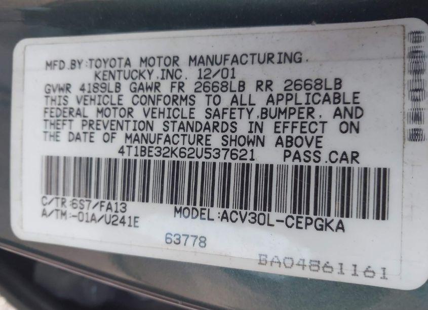 Photo 9 of 2002 Toyota Camry XLE (VIN 4T1BE32K62U537621)