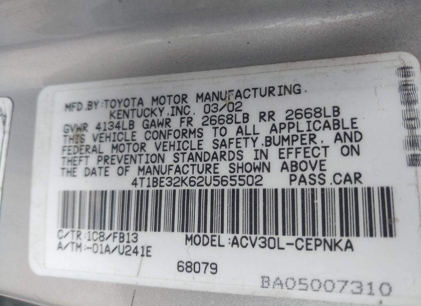 Photo 9 of 2002 Toyota Camry LE (VIN 4T1BE32K62U565502)