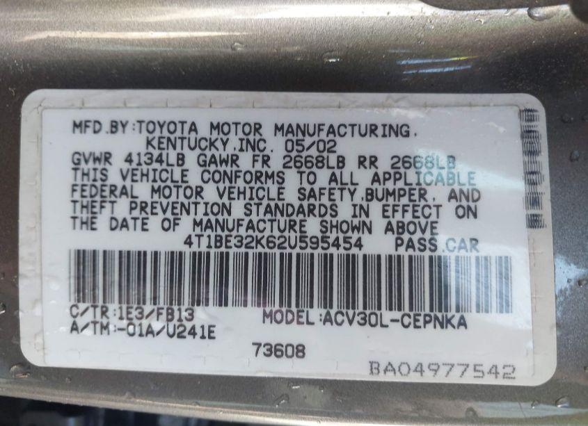 Photo 9 of 2002 Toyota Camry LE (VIN 4T1BE32K62U595454)