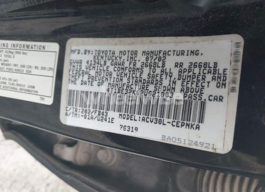 Photo 9 of 2002 Toyota Camry LE (VIN 4T1BE32K62U621003)