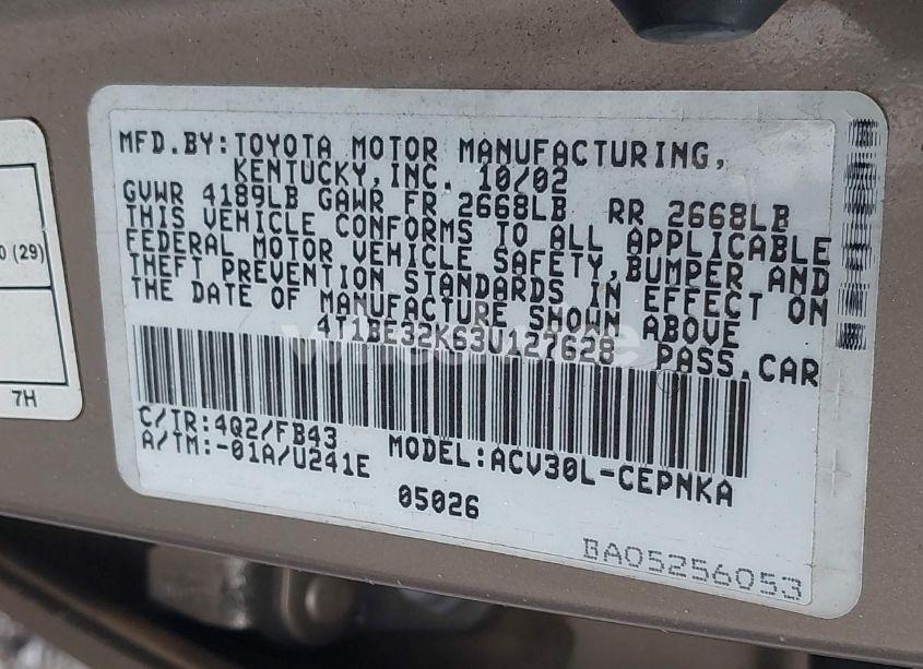 Photo 9 of 2003 Toyota Camry LE (VIN 4T1BE32K63U127628)