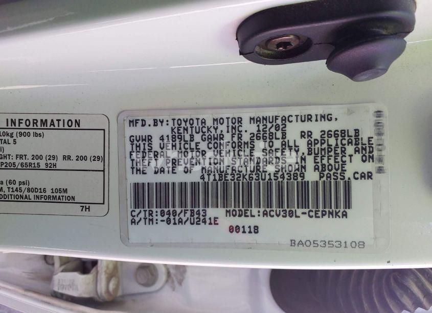 Photo 9 of 2003 Toyota Camry LE (VIN 4T1BE32K63U154389)