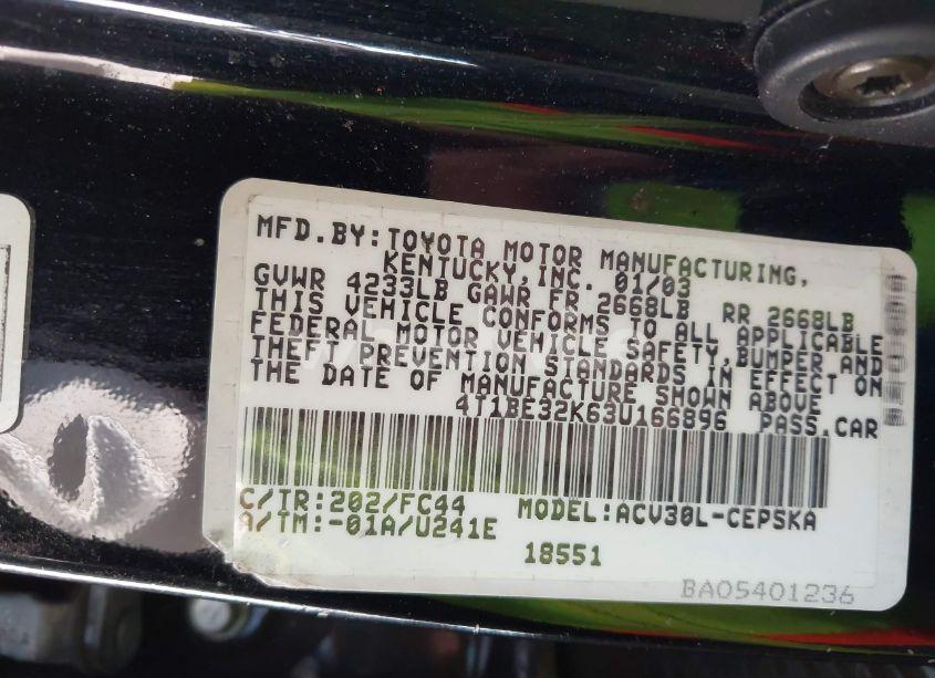 Photo 9 of 2003 Toyota Camry SE (VIN 4T1BE32K63U166896)