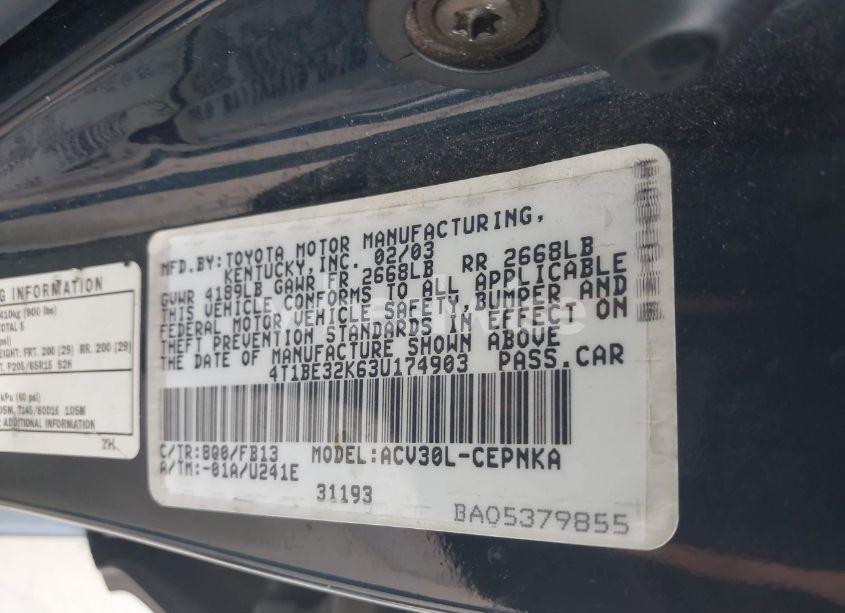 Photo 9 of 2003 Toyota Camry LE (VIN 4T1BE32K63U174903)