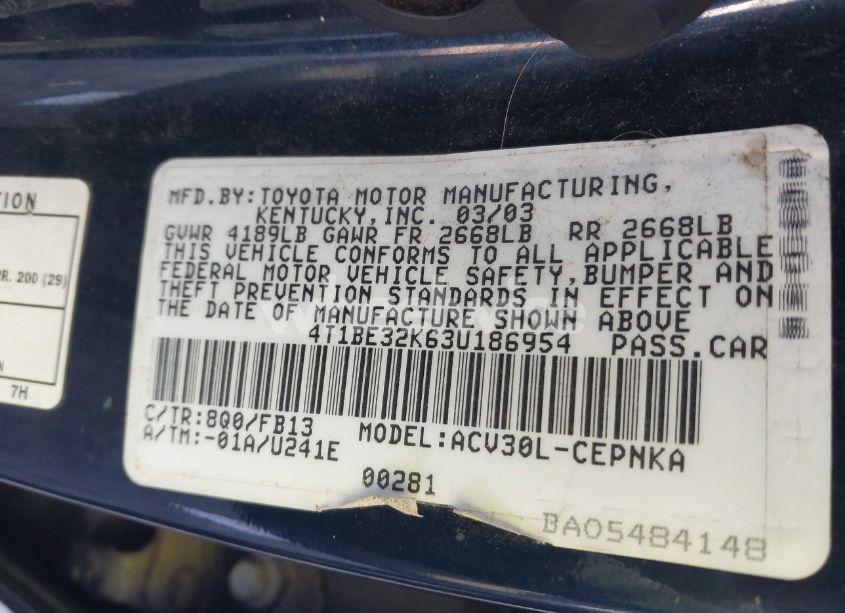 Photo 9 of 2003 Toyota Camry LE (VIN 4T1BE32K63U186954)