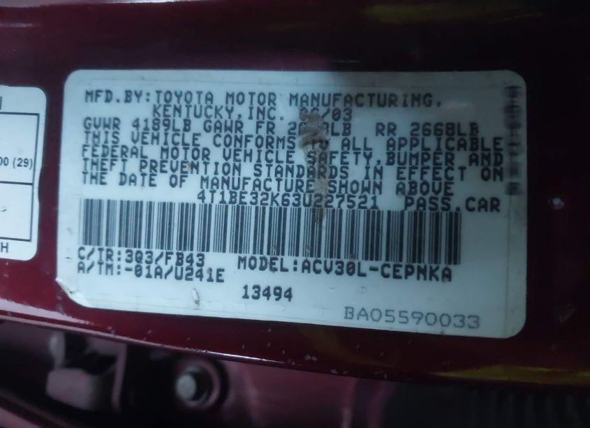 Photo 9 of 2003 Toyota Camry LE (VIN 4T1BE32K63U227521)